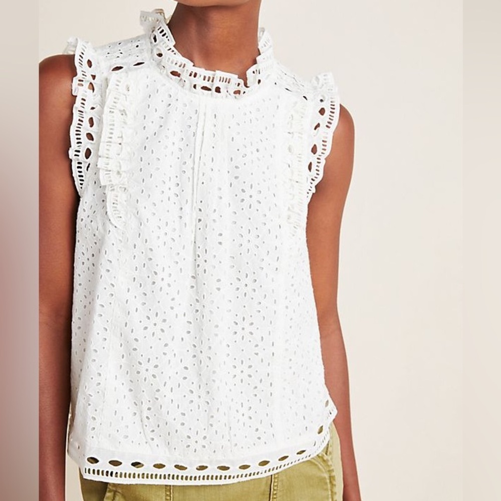 ANTHROPOLOGIE MAEVE Tilly White Cotton Poplin Eyelet Ruffle Sleeveless Blouse